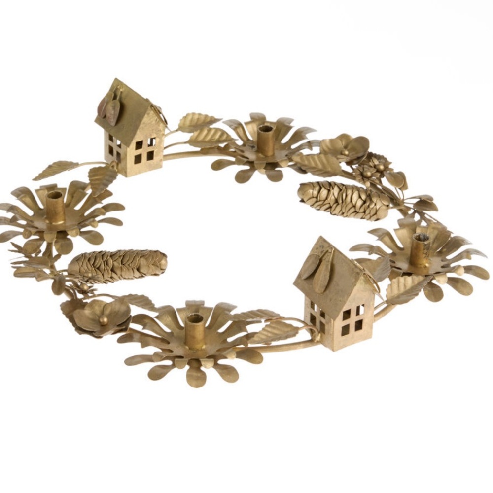 World Market Antique Gold Autumn Wreath Narrow Taper Candle Holder - Picture 2 of 4